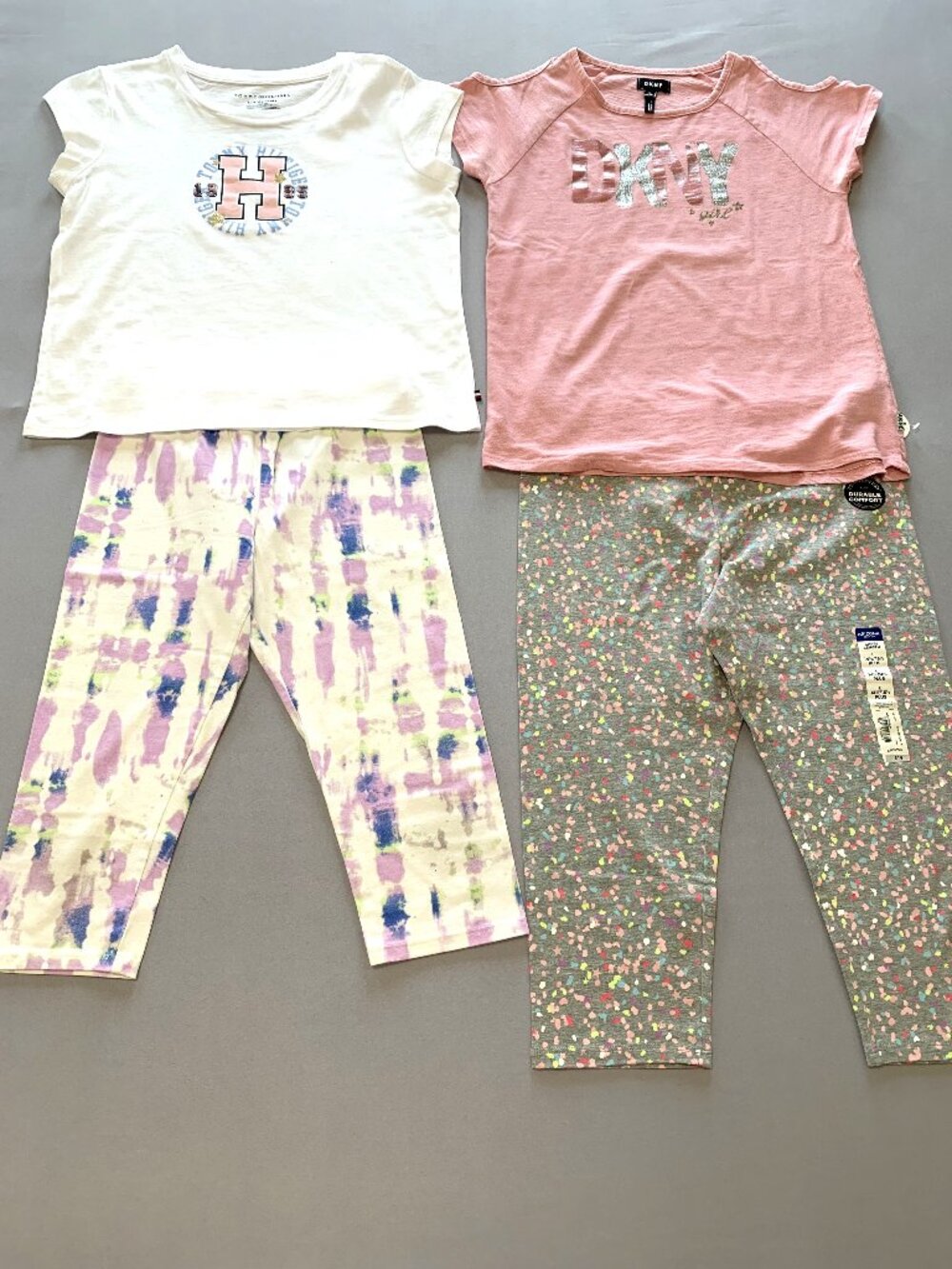 4 Piece Girls Short Sleeves Shirt/Crop Leggings. DKNY/Tommy/Arizona. Size 12-16.